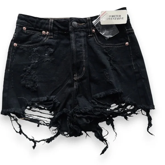 FOREVER 21 Black Distressed Frayed Hem Denim Shorts Size S NWT - Picture 1 of 6